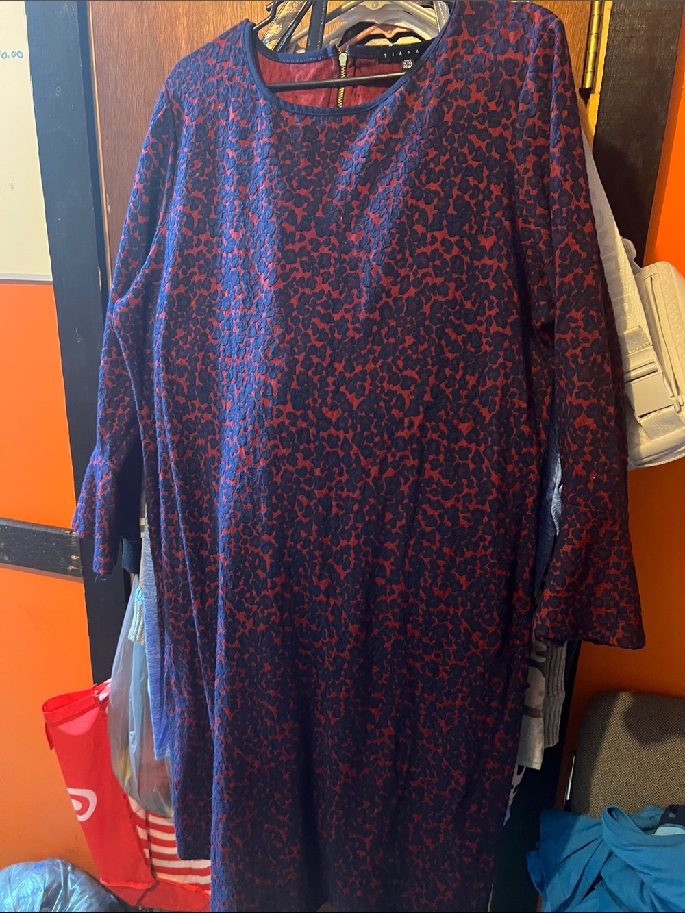 Tiana B. Navy and Burgundy Patterned Long-Sleeve Dress